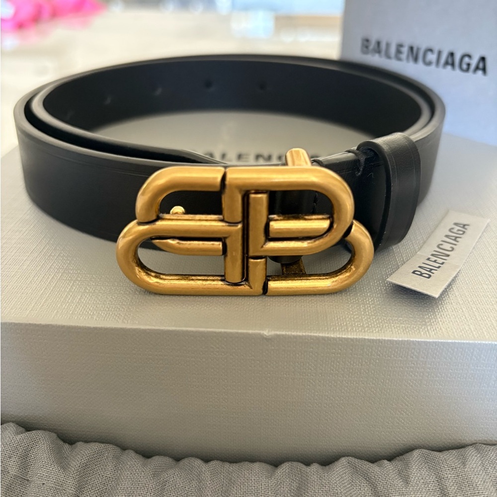 Balenciaga Black and Gold Leather Belt with Signature Buckle